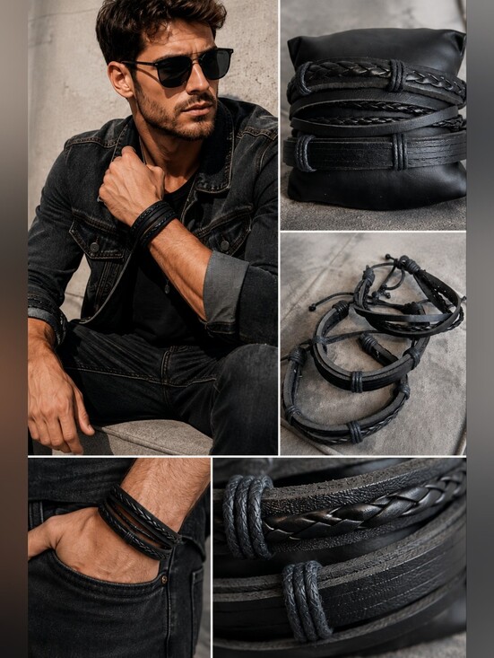 Other - Men’s Faux Leather Bracelet Set | 3-Piece Braided & Layered Black Wristbands